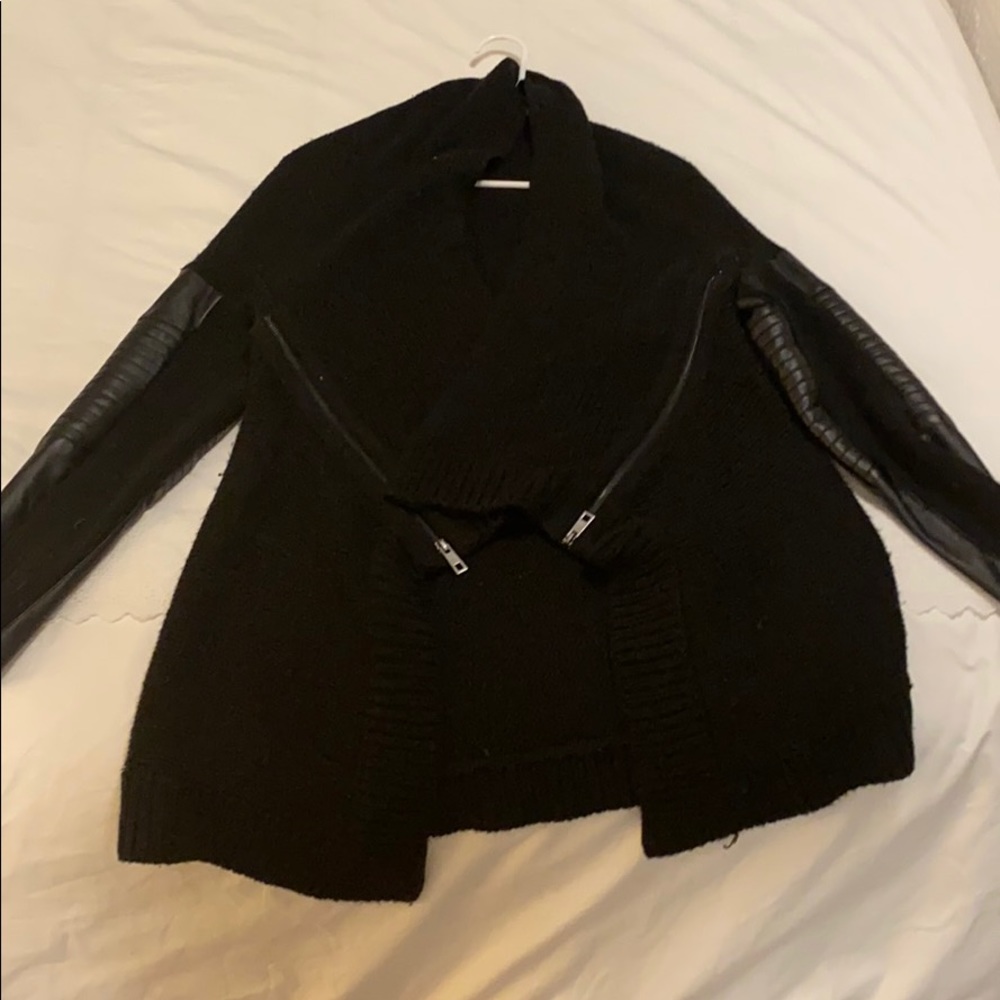 Black sweater with leather sleeves